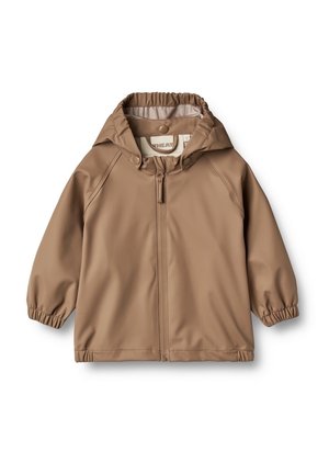Brun børnejakke med hætte, frontlynlås, elastiske manchetter og trykknapper ved kraven, lagt fladt på hvid baggrund.
