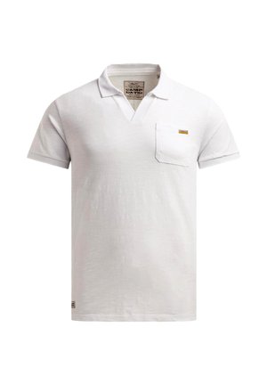 White short-sleeve polo shirt with a small chest pocket and a collar, featuring a brand label on the pocket and inside the neckline.