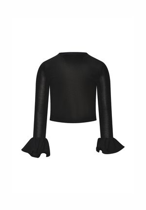 Sort crop top med lange ærmer, flæsekant ved manchetterne og rund halsudskæring, vist på en hvid baggrund.