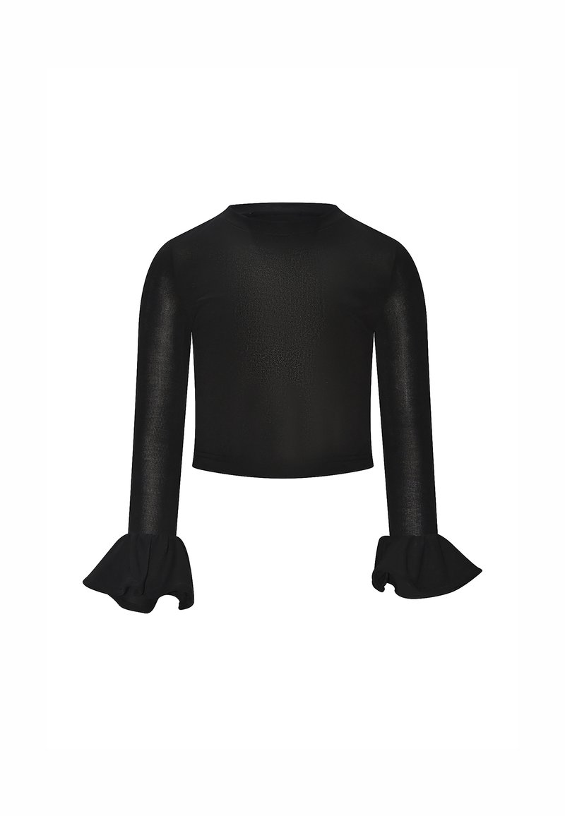 Czarny krótki top z długim rękawem, z rozszerzanymi falbankami na mankietach i okrągłym dekoltem, pokazany na białym tle.