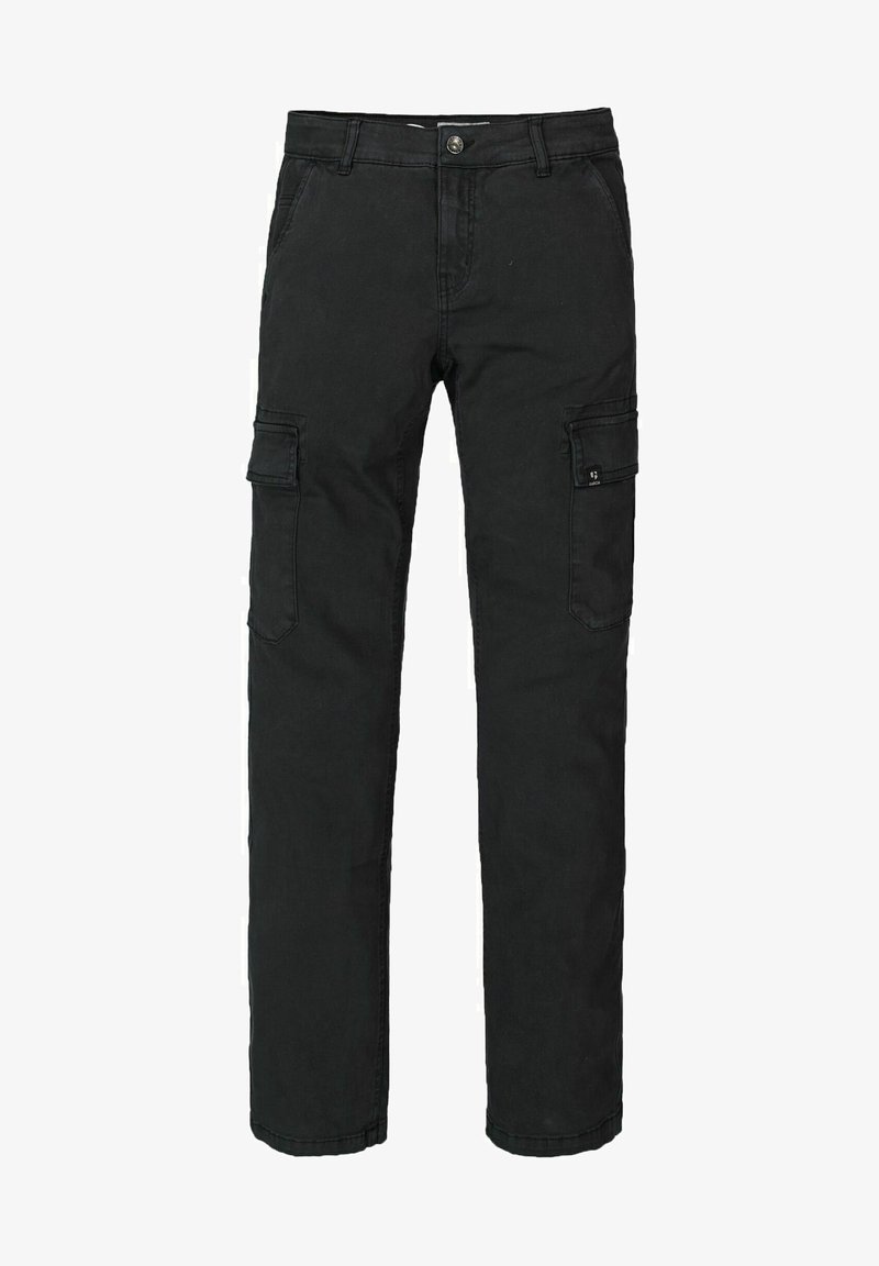 Pantalon cargo noir à jambes droites, avec bouton et fermeture éclair à l'avant, poches latérales à rabats et passants pour ceinture à la taille.
