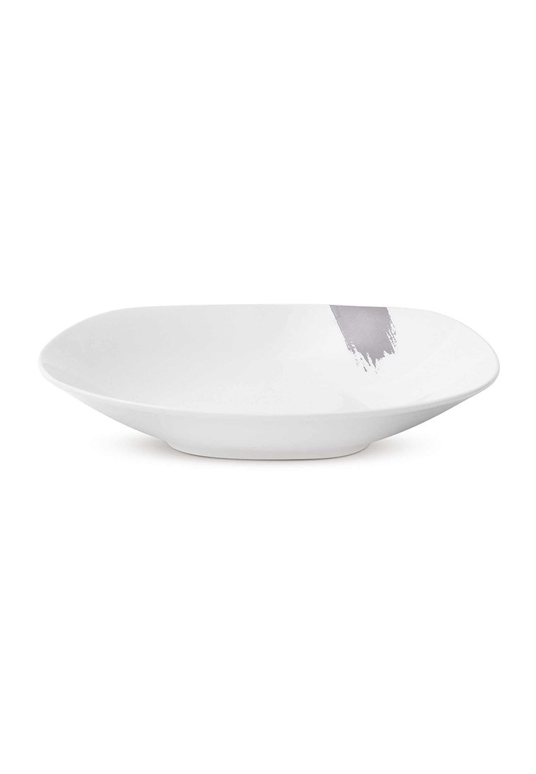 Weiße flache ovale Keramikplatte mit einem einzelnen unregelmäßigen grauen Pinselstrich nahe dem Rand auf einem weißen Hintergrund.