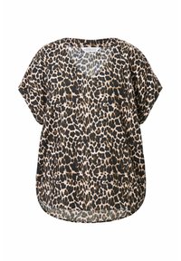 Løveplet udskrift bluse i letvægtsstof. Har en løs pasform, V-hals og korte ærmer. Farveskemaet inkluderer beige, sort og brune accenter.