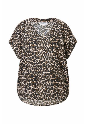 Blusa con stampa leopardata in tessuto leggero. Caratterizzata da una vestibilità ampia, collo a V e maniche corte. La combinazione di colori include accenti beige, neri e marroni.