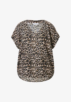 Blusa con stampa leopardata in tessuto leggero. Caratterizzata da una vestibilità ampia, collo a V e maniche corte. La combinazione di colori include accenti beige, neri e marroni.