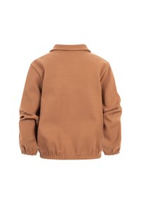 Veste polaire marron unie à manches longues avec poignets et taille élastiques, vue de dos sur fond blanc.