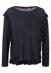 Marinblå långärmad topp i mjukt tyg, med volangdetaljer längs sidorna och nederkanten för extra textur och design.