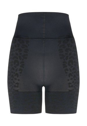 High-waisted black shorts with a leopard print texture on the sides, stretchy material, and smooth finish.