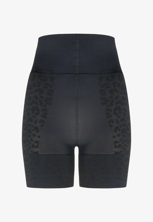 High-waisted black shorts with a leopard print texture on the sides, stretchy material, and smooth finish.