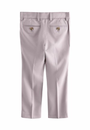 Pantalones gris claro hechos de una tela suave, con corte recto, dos bolsillos traseros con cierres de botón y trabillas para cinturón.