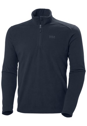 Sudadera de forro polar en navy con mangas largas, cuello con cremallera de un cuarto y un logo sutil en el pecho. Textura suave con un acabado liso.