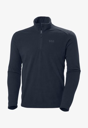 Marineblauwe fleece pullover met lange mouwen, kwart-rits kraag en subtiel logo op de borst. Zachte textuur met een gladde afwerking.