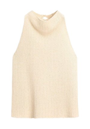 Maglione senza maniche a collo alto in maglia a coste colore crema con piccolo intaglio a chiave sul retro.