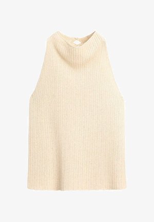 Maglione senza maniche a collo alto in maglia a coste colore crema con piccolo intaglio a chiave sul retro.