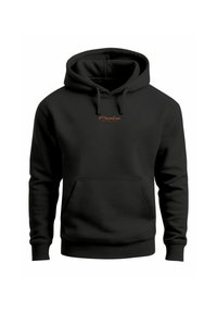 Schwarzer Pullover-Hoodie aus weichem Stoff, mit einer Fronttasche, verstellbarem Kapuzenzug und einem kleinen orangefarbenen "Paradise"-Logo auf der Brust.