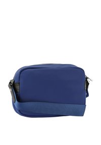 Borsa a tracolla in nylon blu dalla forma rettangolare, chiusura con zip, dettagli neri e tracolla testurizzata. Superficie liscia, design minimalista.