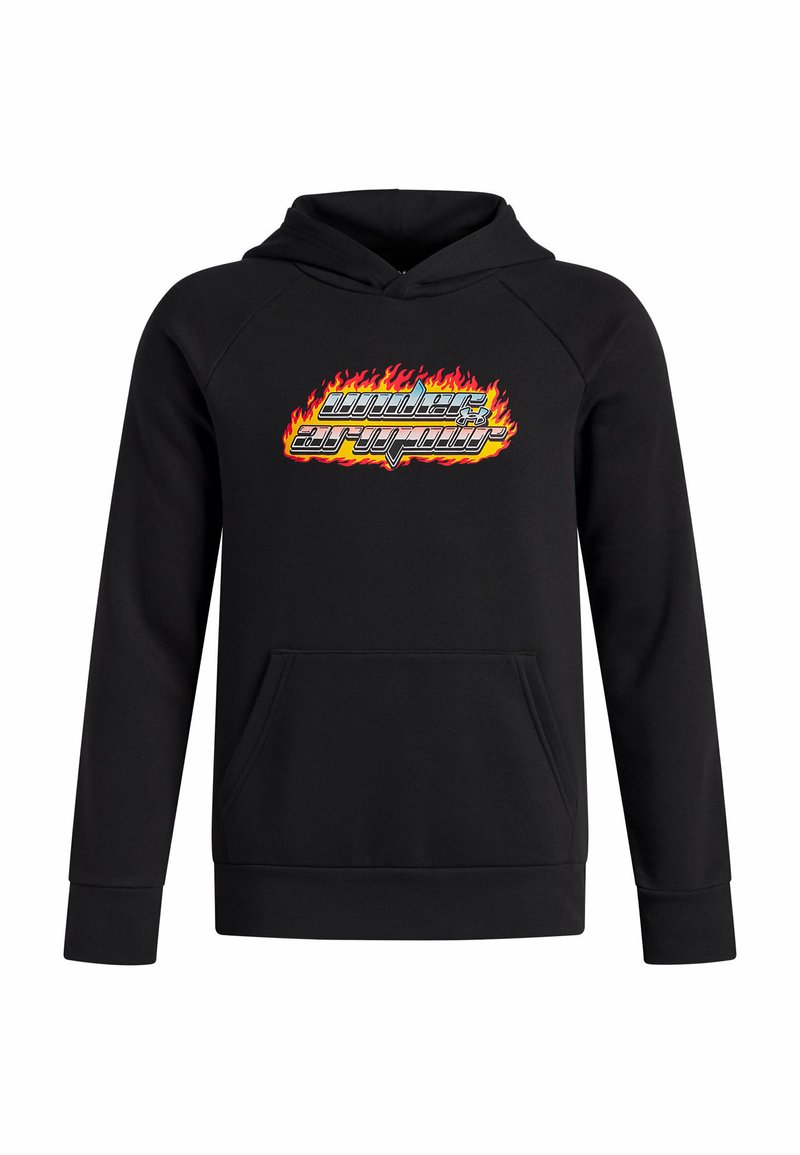 Hoodie noir avec une poche avant et un logo Under Armour en lettres chromées bordées de flammes sur la poitrine.