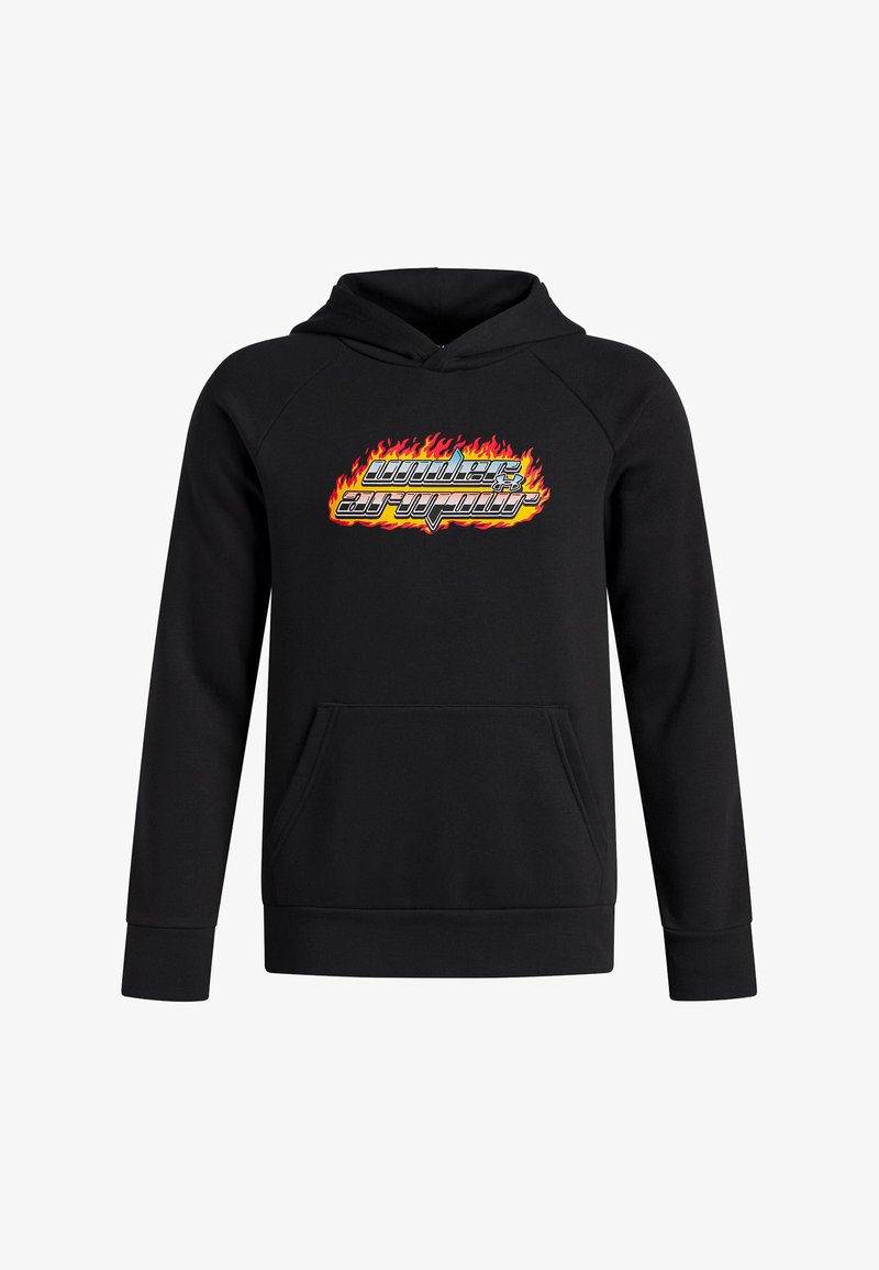 Felpa nera con cappuccio e tasca anteriore, logo Under Armour con bordo a fiamma in lettere stile cromato sul petto.