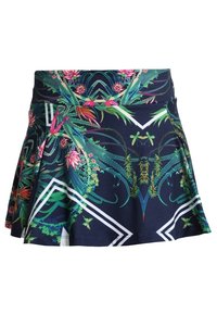 Gonna a campana in tessuto blu scuro con un motivo floreale e geometrico. Presenta accenti verdi e rosa, con una vita solida e righe bianche.