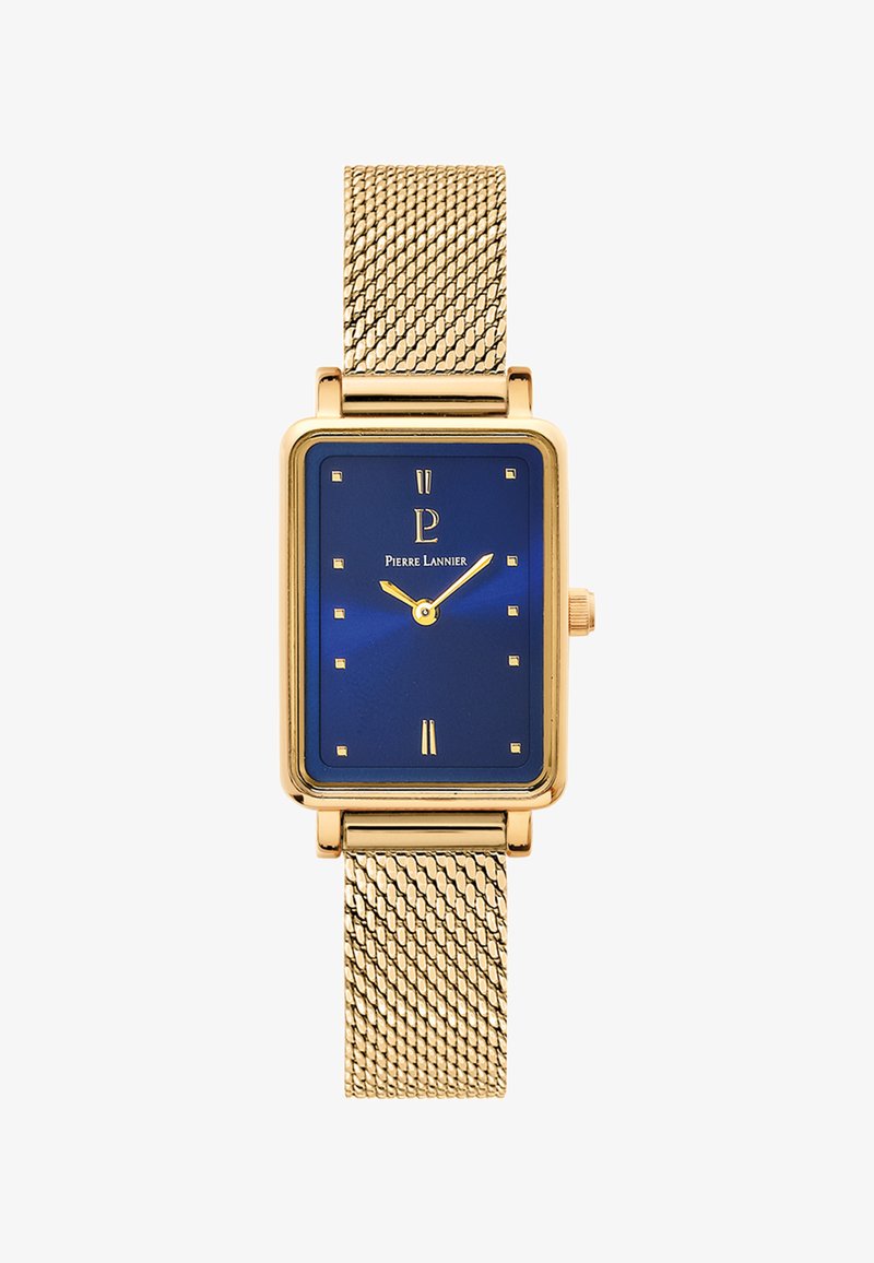 Zlaté obdĺžnikové hodinky s modrým ciferníkom, zlatými indexmi a sieťovým remienkom. Vyznačujú sa logom a minimalistickým dizajnom s hladkým povrchom.
