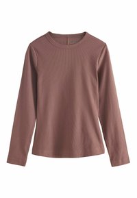 Long-sleeve, ribbed top in dusty rose color, featuring a round neckline and a soft, textured fabric. Simple design with no visible patterns.