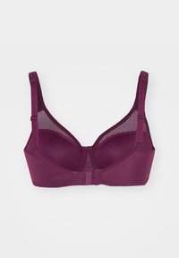 Bordeaux-bh med glatt stoff, vattering for støtte og justerbare stropper. Har en prikkete mesh-overlay og krok-og-øye-lukking.