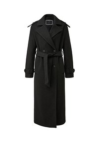 Zwarte wollen trenchcoat met een dubbel borst ontwerp, gekleed kraag, strikceintuur en knoopmanchetten. Glad textuur, knielange vorm.