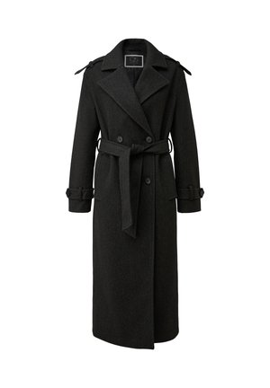 Cappotto trench in lana nera con design doppiopetto, colletto a punte, cintura da annodare e polsini con bottone. Texture liscia, forma fino al ginocchio.