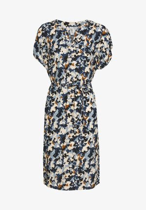 Sukienka w kwiaty w odcieniach niebieskiego, kremowego i brązowego. Krótkie rękawy, dekolt w kształcie litery V, pasek w talii oraz lekki materiał o miękkiej teksturze.