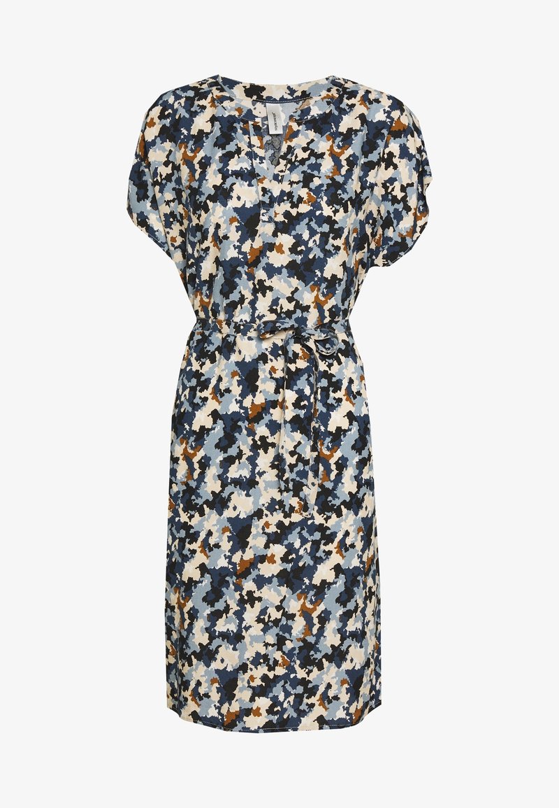 Kleid mit Blumenmuster in Blau-, Creme- und Brauntönen. Kurze Ärmel, V-Ausschnitt, taillierter Schnitt und leichtes Material mit einer weichen Textur.