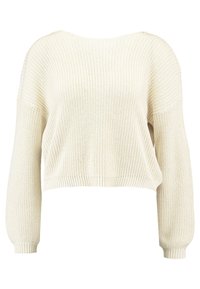 Cremfarbener, grob gestrickter, verkürzter Pullover mit langen Ballonärmeln und gerippten Bündchen.
