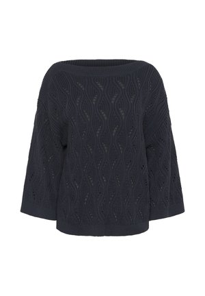 Temno modra pletena majica z ohlapnim krojem, z valovitim vzorcem in širokim izrezom v obliki čolna. Kratki rokavi in teksturirana tkanina.