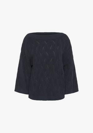 Tmavě modrý pletený svetr s volným střihem, zdobený vlnovým vzorem a širokým lodičkovým výstřihem. Krátké rukávy a strukturovaná látka.