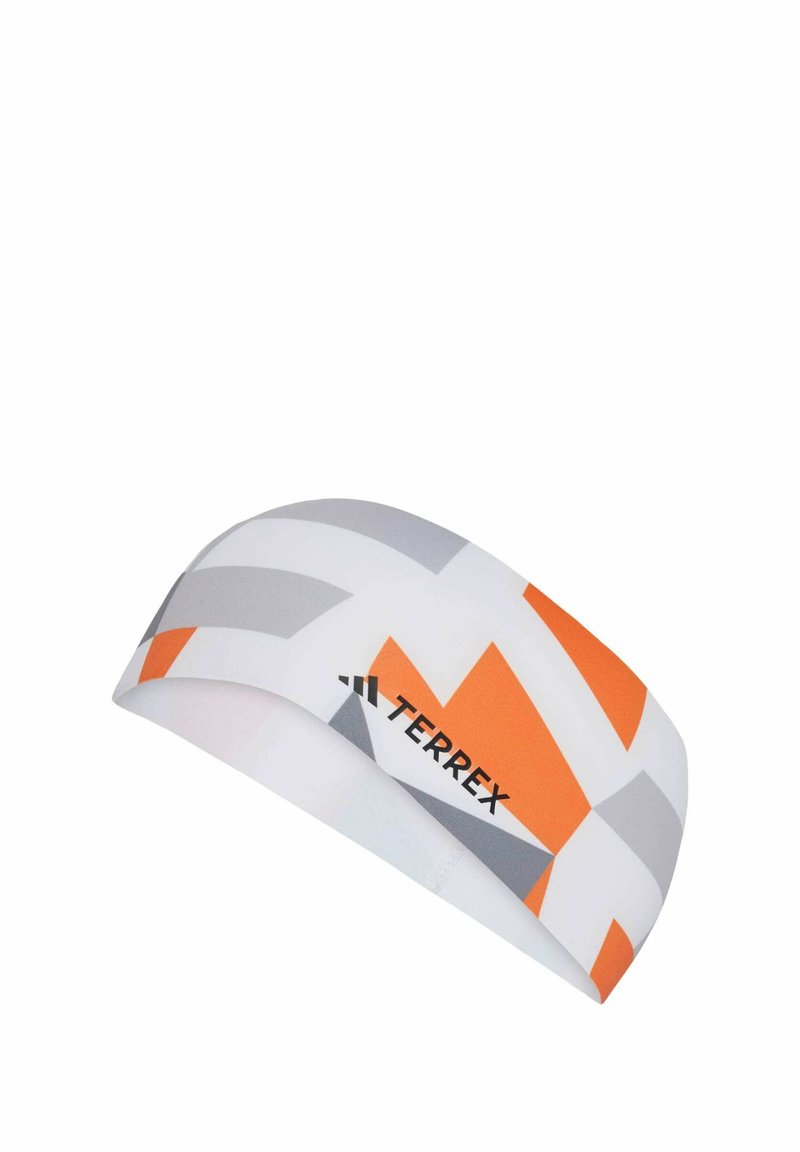 Bílá čelenka s šedými a oranžovými geometrickými vzory, s jemnou texturou a černým logem "TERREX".
