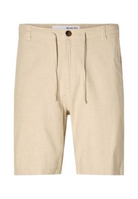 Short beige longueur genou avec fermeture par bouton et cordon, passants de ceinture, et étiquette intérieure visible indiquant "SELECTED".