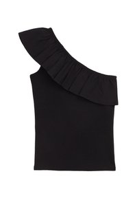 Svart ärmlös topp med ribbat mönster, med en enkel volangaxel och figurnära design. Tillverkad av mjukt, stretchigt tyg.