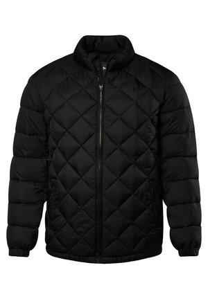 Schwarze Puffjacke mit hohem Kragen, Rautenmuster, Reißverschluss vorne und elastischen Bündchen. Verfügt über seitliche Taschen für zusätzlichen Komfort.