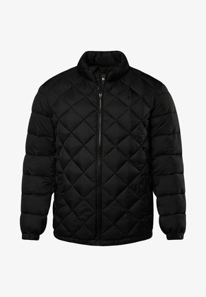 Giacca a vento nera con colletto alto, design a rombi, zip frontale e polsini elasticizzati. Presenta tasche laterali per comodità.