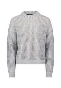 Helles graues Strickpullover mit einem strukturierten Muster, langen Ärmeln und Rundhalsausschnitt, auf einem weißen Hintergrund dargestellt.