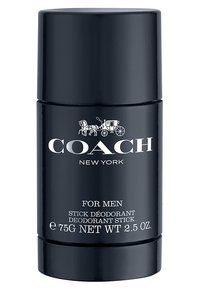 Schwarzer zylindrischer Stick-Deodorant mit silberner Schrift. Beinhaltet "COACH NEW YORK", "FÜR MÄNNER" und Produktdetails in kontrastierenden Farben.