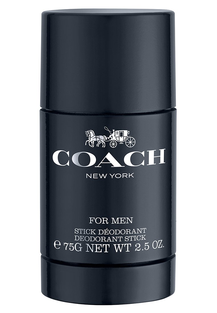 Schwarzer zylindrischer Stick-Deodorant mit silberner Schrift. Beinhaltet "COACH NEW YORK", "FÜR MÄNNER" und Produktdetails in kontrastierenden Farben.
