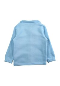 Pull-over en polaire bleu clair à manches longues, col rond et tissu texturé. Comprend des poignets élastiqués et une finition lisse.