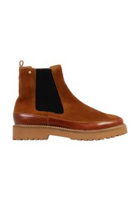 Botas de tobillo de ante marrón con paneles laterales de elastano negro, ribete de cuero y suela de goma estriada. Presenta un bucle en la parte posterior.