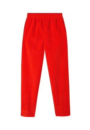 Pantalons en velours côtelé rouge avec une taille élastique, coupe droite et poches latérales. Présente un tissu texturé avec des côtes verticales.