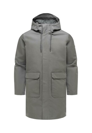 Parka grise à capuche avec fermeture éclair frontale, poches à rabat et cordons ajustables sur la capuche, conçue pour la protection par temps froid.