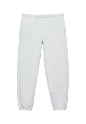 Hellgraue Sweatpants mit elastischem Bund und Knöchelabschlüssen, aus weichem Stoff, flach auf weißem Hintergrund liegend dargestellt.
