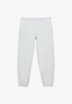 Pantalon de survêtement gris clair avec taille élastique et bas de jambes aux chevilles, en tissu doux, présenté à plat sur fond blanc.