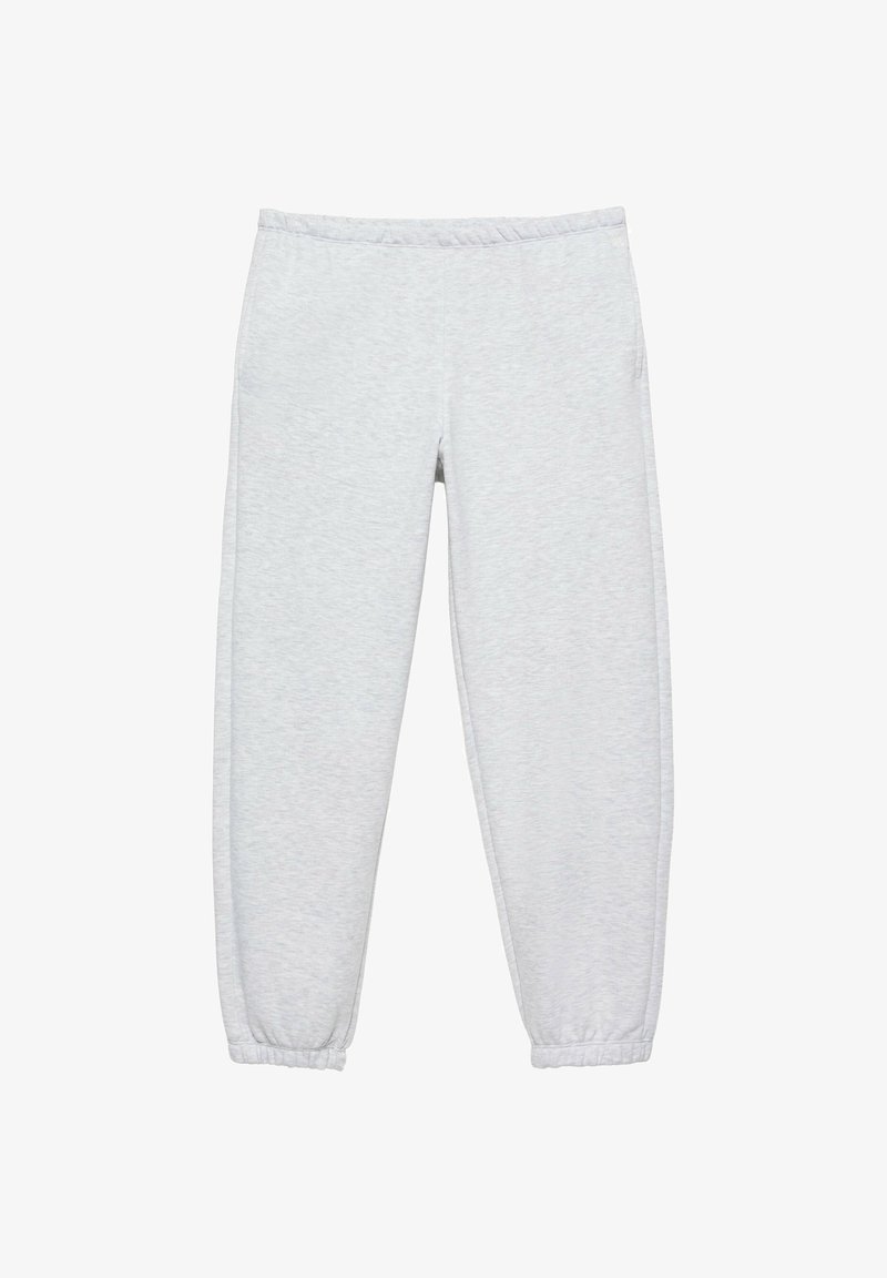 Pantalon de survêtement gris clair avec taille élastique et bas de jambes aux chevilles, en tissu doux, présenté à plat sur fond blanc.