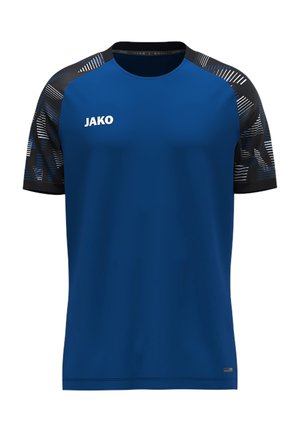 Blaues kurzärmeliges Sportshirt mit schwarzen gemusterten Schultern und weißem JAKO-Logo auf der linken Brust.