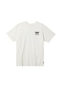 White short-sleeve t-shirt made of cotton. Features a multicolored butterfly graphic and "Quiksilver" text on the left chest area.